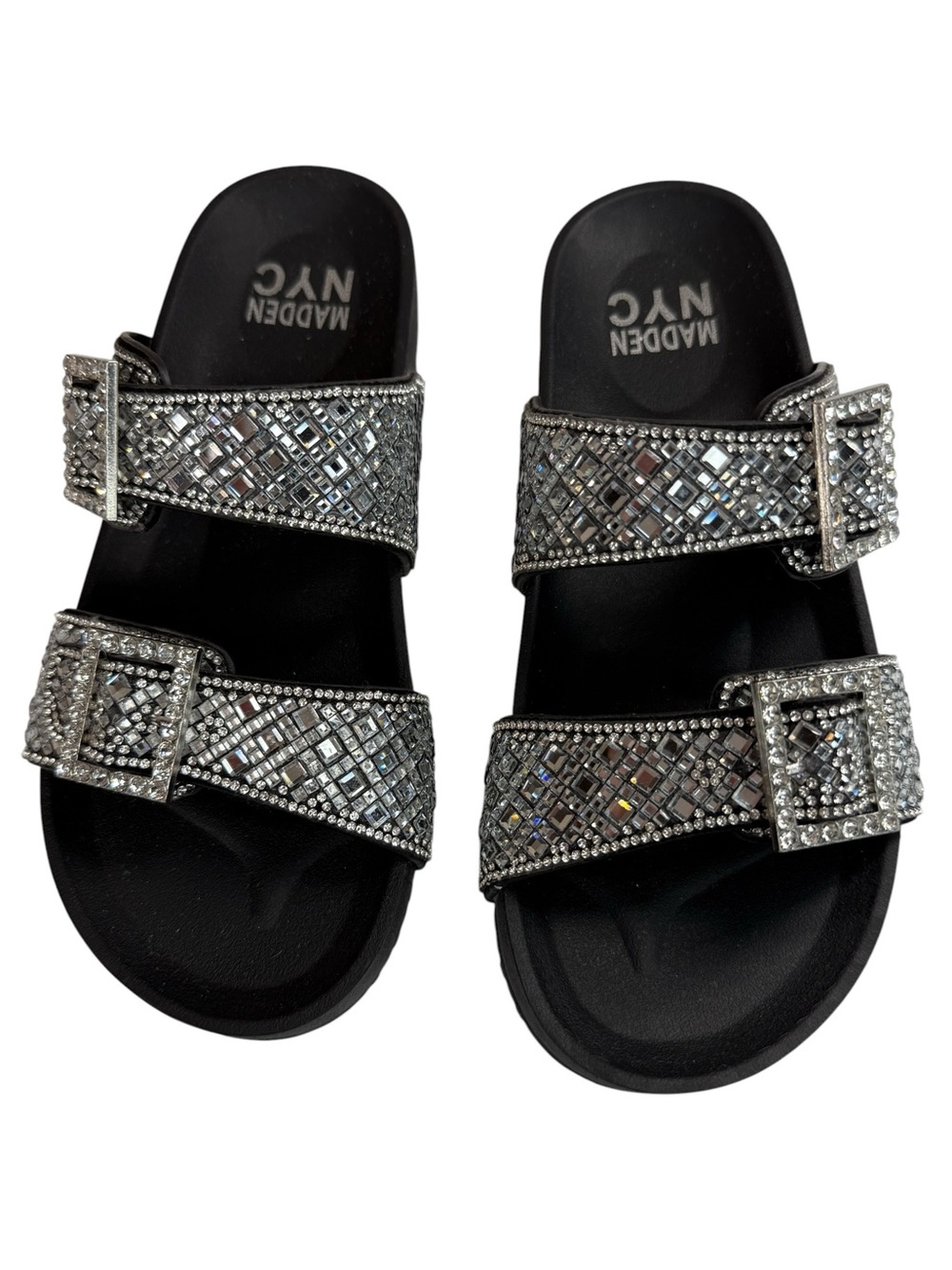 Madden NYC Rhinestone Double Buckle Slide Sandals Black Silver Women’s 6
